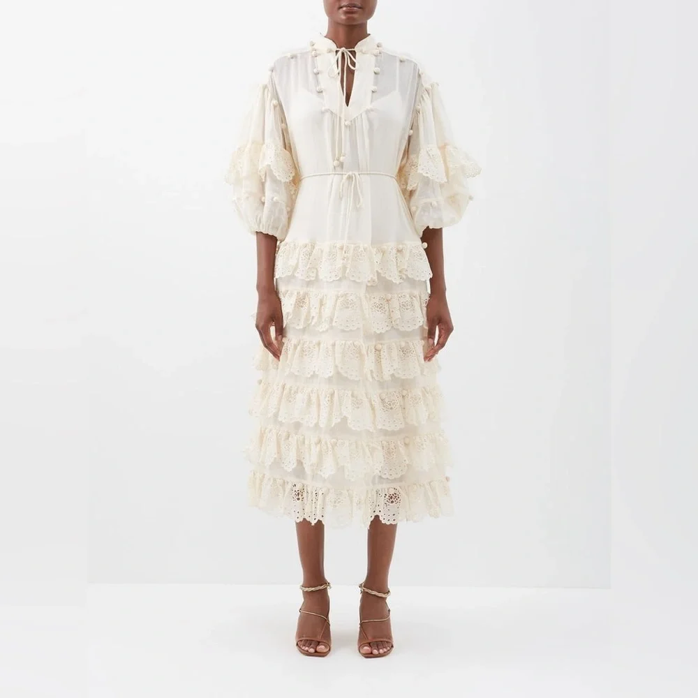 Zimmermann Cream Ruffled Tiered Sundress with Bishop Sleeves - Picture 3 of 12